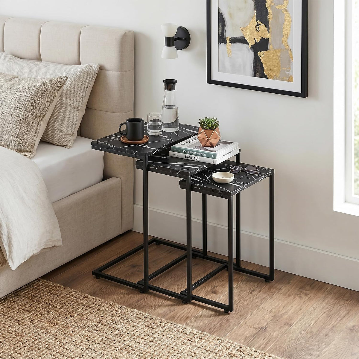 Nouva Modern Nesting Coffee Table, Set of 3 Square Stacking Accent Table End Table C-Shape with Metal Frame for Living Room Bedroom, Rustic Brown