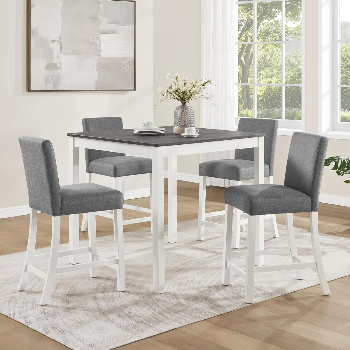 RuiSiSi 5-Piece Counter Height Dining Table Set, Square Dining Table White with 4 Upholstered Chairs, Solid Wood Kitchen Table and Chairs Set for Kitchen, Home Bar, Grey