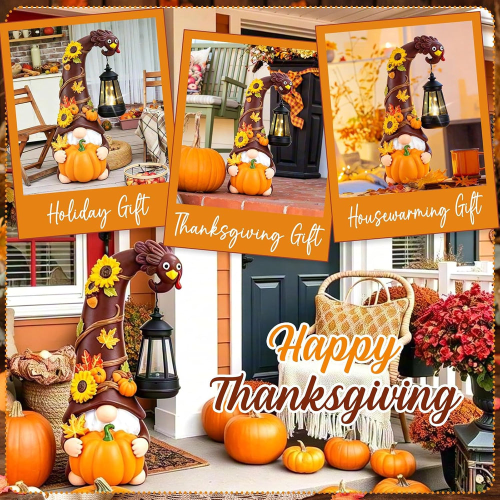 Thanksgiving Fall Turkey Pumpkin Gnome Statue with Solar Lights