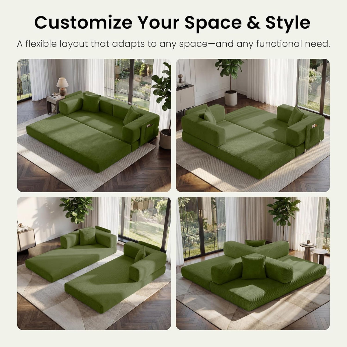 78.8" Convertible Sofa Bed,Corduroy Futon Couch with Storage Pocket,Folding Pull Out Futon Sofa,No Assembly Couch for Living Room,Green