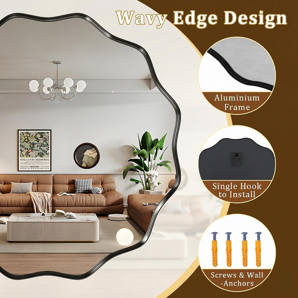 24" Decorative Scalloped Round Wall Mirror, Wavy Metal Deep Frame, Black
