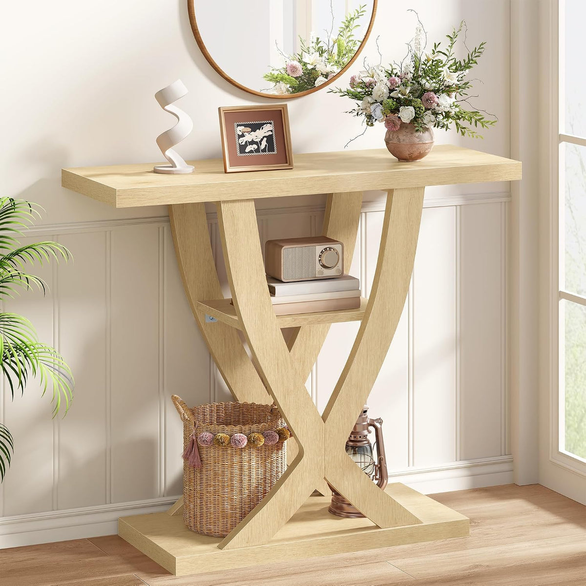 FAVOOSTY 31.5" Entryway Table, 3 Tier Hallway Table, Console Table, Natural
