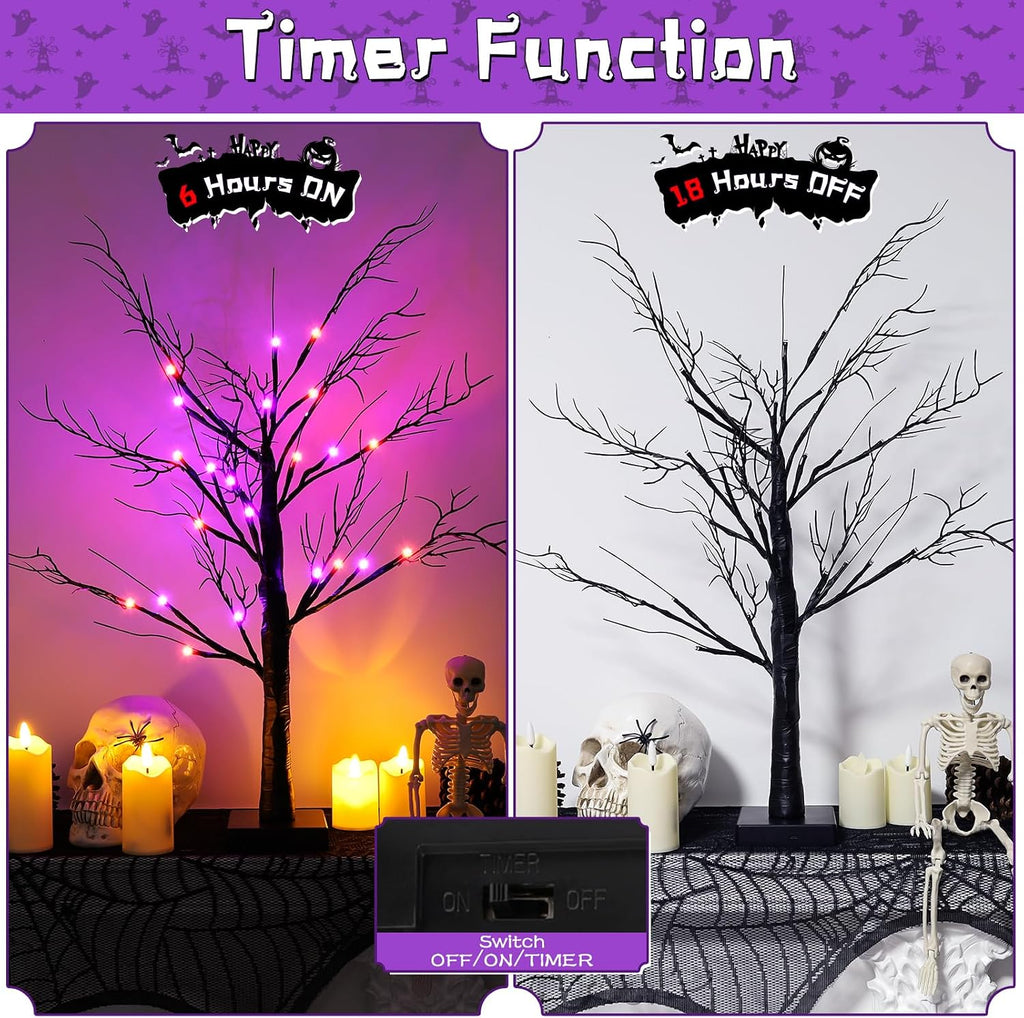 2Pack 24 Inch Halloween Spooky Tree with Lights, Lighted Tabletop Black Tree with Timer, Indoor Halloween Decorations for Home