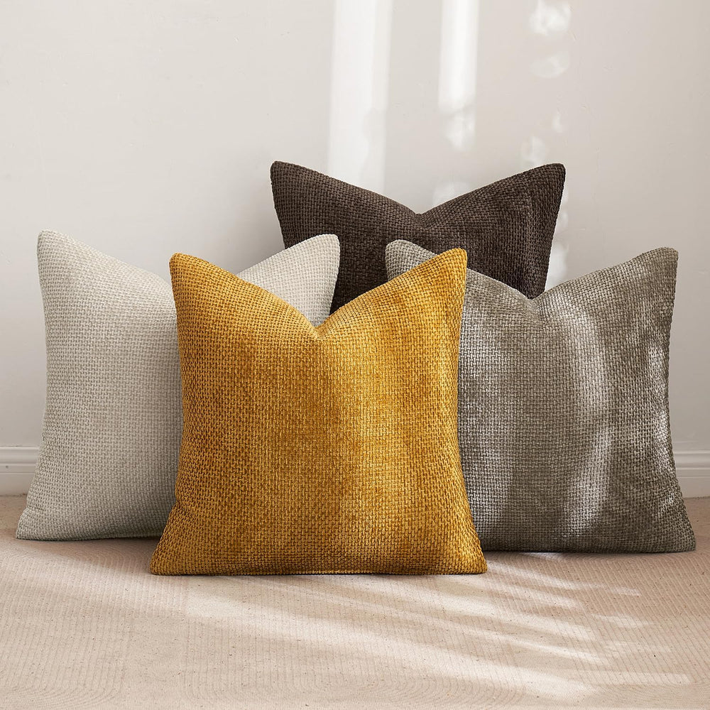 MIULEE Decorative Chenille Fall Pillow Covers Gold Brown 18x18 Pack of 4