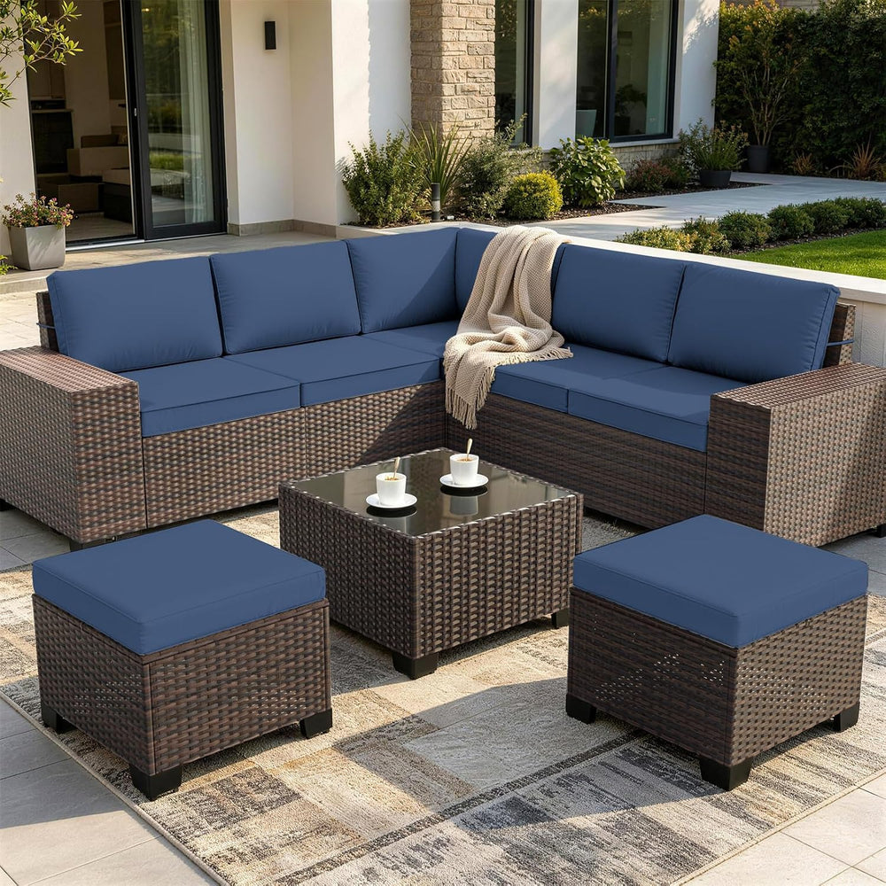 2 Pieces Wicker Ottomans, All Weather Rattan Patio Ottoman with Removable Cus...