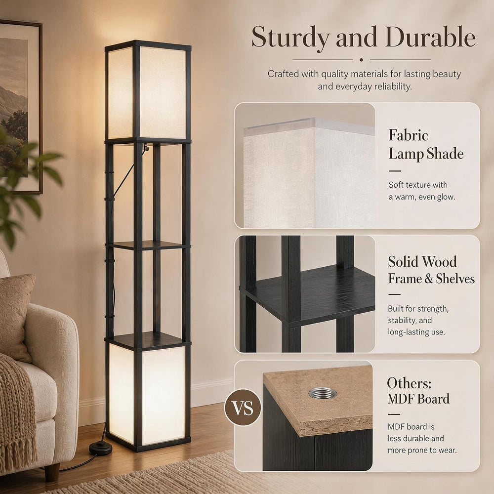 Dual Head Floor Lamp with Shelves, Dimmable, Remote, for Living Room