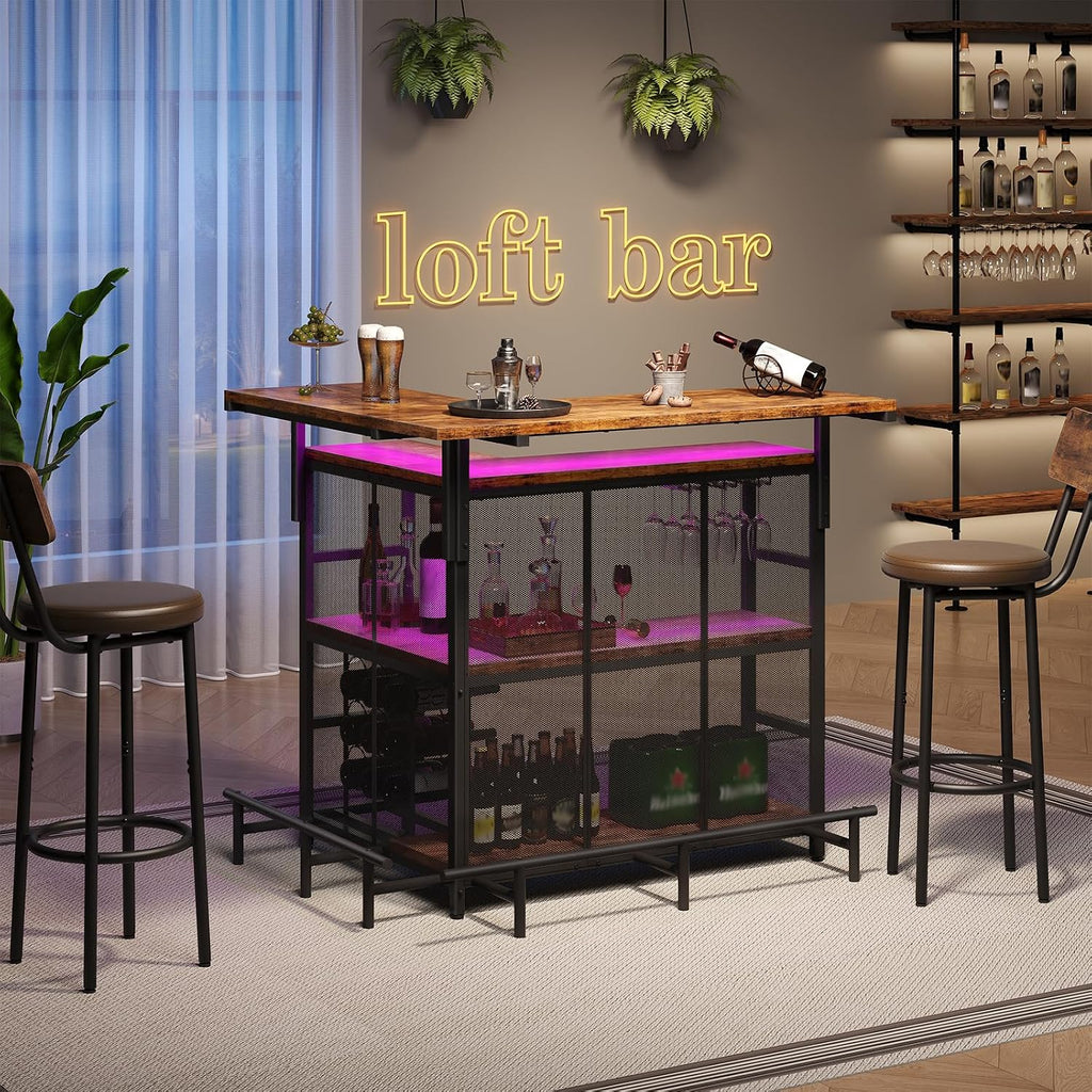 HOOBRO Home Bar Unit, L-Shaped Bar Table with Glasses Holder & 4-Tier Shelves, Corner Mini Liquor Cabinet with Footrest & LED Light APP Control for Home, Pub, Rustic Brown and Black BF129DBT01