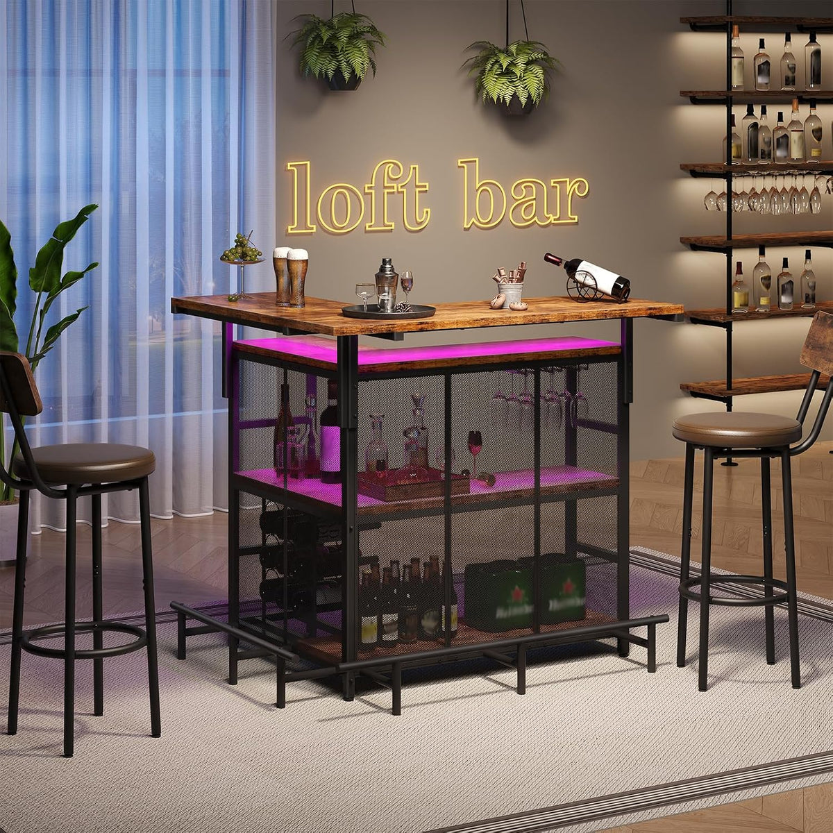 HOOBRO Home Bar Unit, L-Shaped Bar Table with Glasses Holder & 4-Tier Shelves, Corner Mini Liquor Cabinet with Footrest & LED Light APP Control for Home, Pub, Rustic Brown and Black BF129DBT01