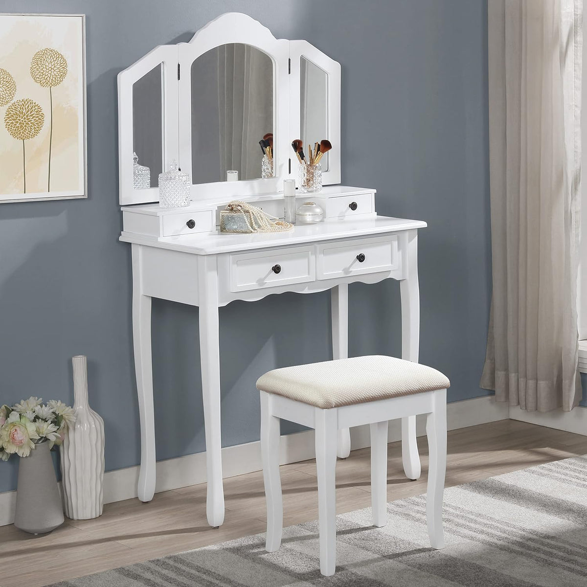 Montary Makeup Vanity Desk with 3-Panel Mirror, Wooden Vanity Dressing Table with 4 Drawers, Open Shelves & Stool Set, White