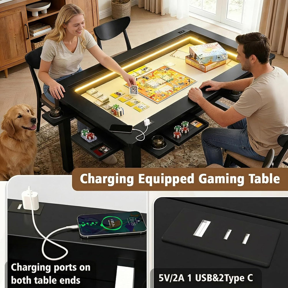 Solid Wood Board Game Table with Colorful Led Lights, Dining/Gaming Table