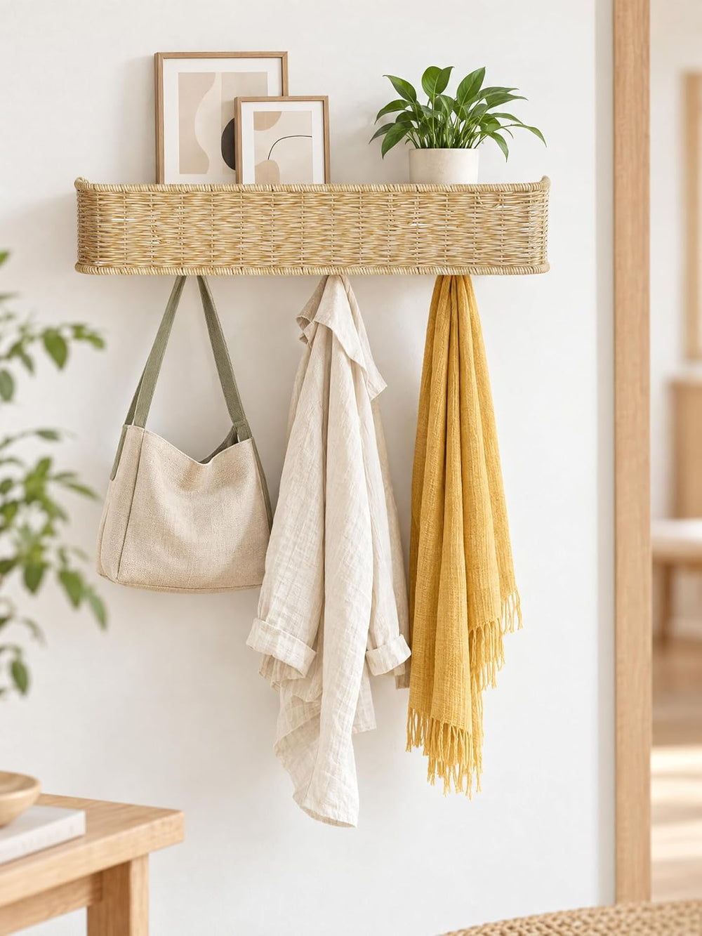 Wall Mount Coat Rack With Shelf-6 Hook Handmade Rattan Coat Rack,Natural