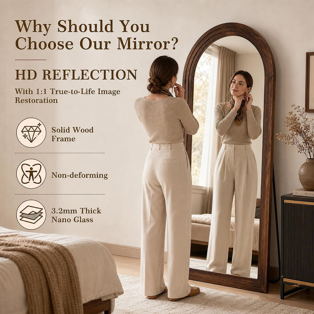 76"x34" Arched Full Length Mirror, Large Wood Floor Mirror, Walnut
