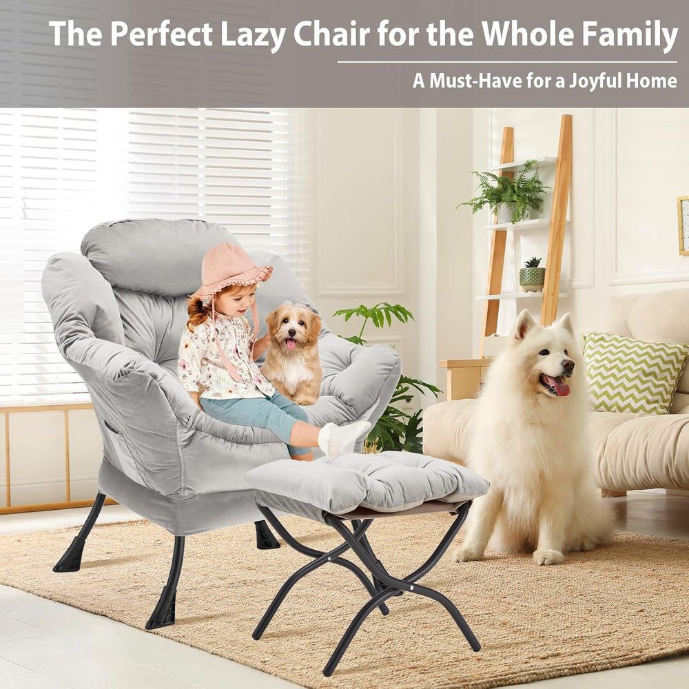 Youtanic Lazy Chair with Folding Ottoman, Accent Chair Velvet Upholstered wit...