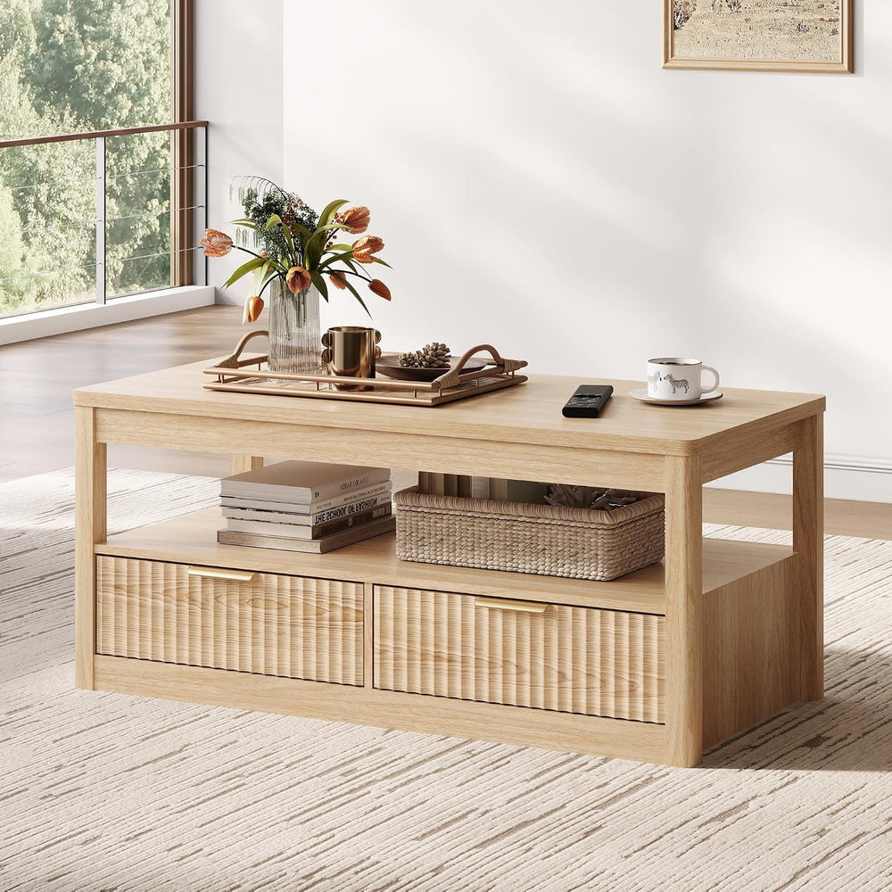 LINSY Home Farmhouse Coffee Table with Hidden Storage, Oak | Wood Coffee Tabl...