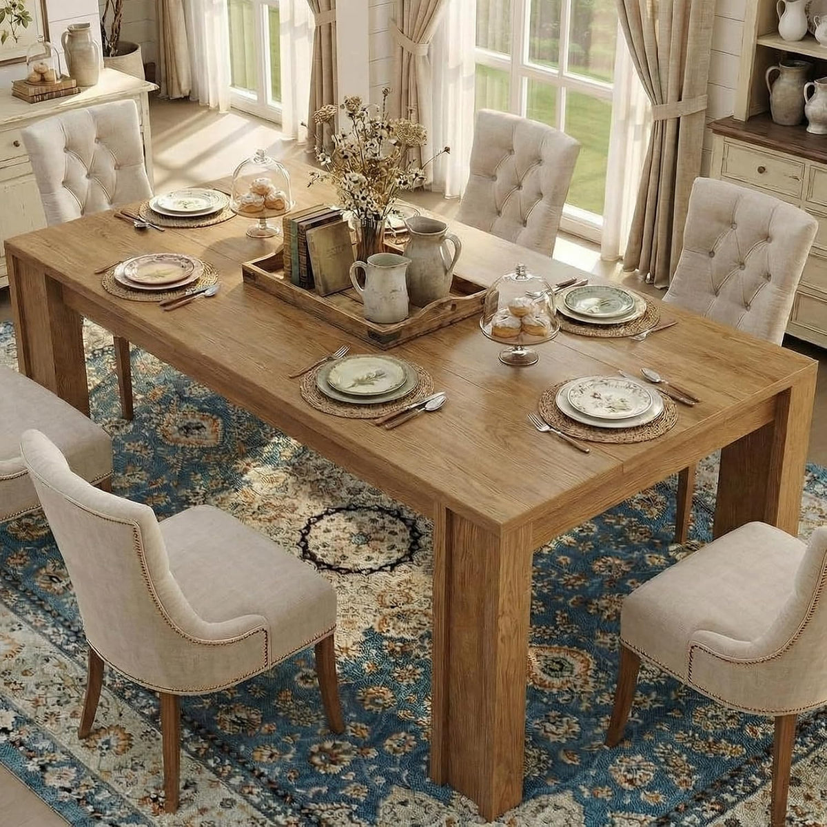 CABIHOME 71" Long Dining Table for 6-8, Rectangular Farmhouse Kitchen Dining Room Table w/Wider H Legs & Wooden Tabletop, Sturdy Frame, Wood Strip Base, for Apartment, Kitchen, Dining, Cherry