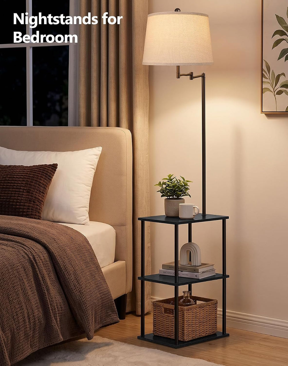 Swing Arm Floor Lamp with Table, Nightstands End Side Table for Living Room