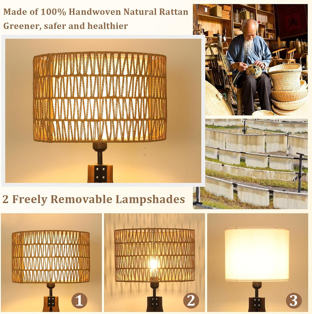 LAMSU Boho Tripod Floor Lamps for Living Room, Rattan Wood Floor Lamp with Fa...