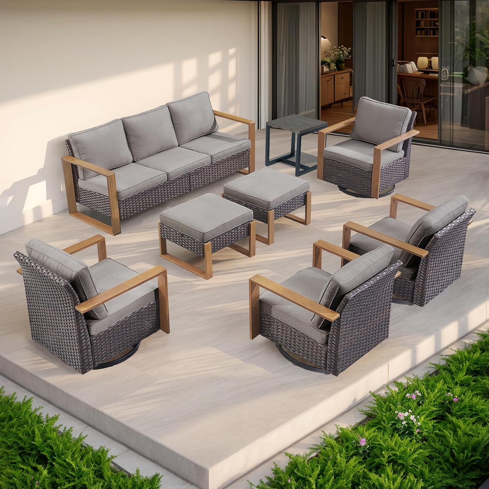 4 Pieces Outdoor Wicker Swivel Rocker Chairs with Ottoman, Grey Cushion
