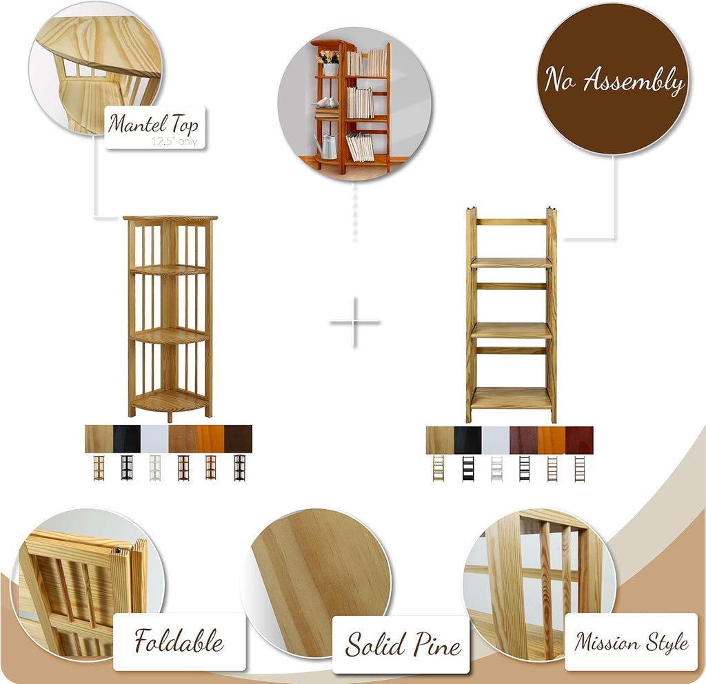 3-shelf folding bookcase 14" wide-honey oak showing dimensions