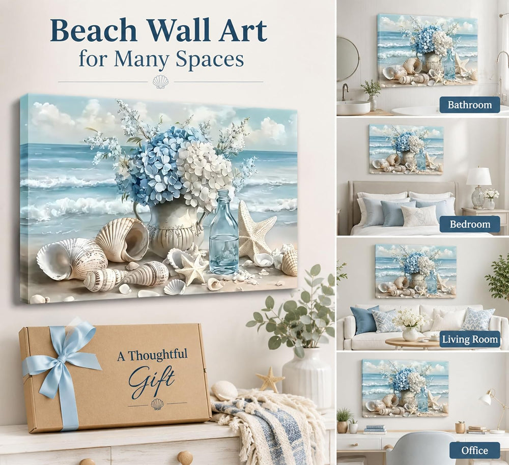 YKVDOROK Blue Ocean Beach Wall Art Coastal Bathroom Canvas Wall Decor