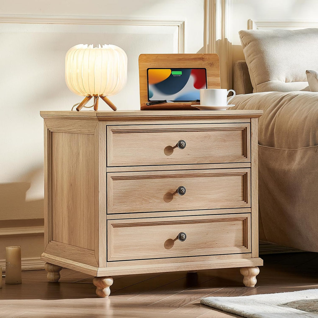 Joaxswe 24" Wide Farmhouse Night Stand,Large End Table with 3 Drawers & Metal Handle,Natural Dresser for Bedroom, Bed Side Table Chest of Drawers Cabinet,Wood Nightstand for Living Room,Closet