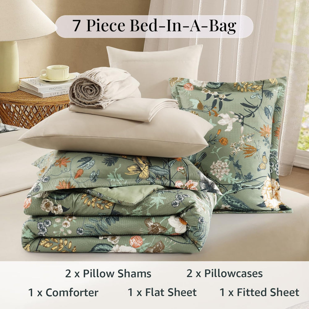 Queen Comforter Set - 7 Pieces Soft Floral Bed in a Bag Queen Bedding Sets