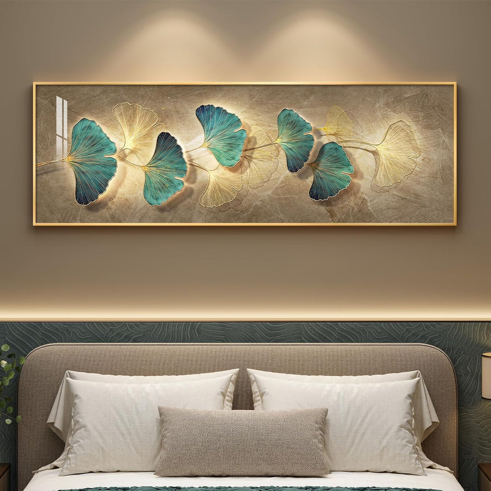 Framed Modern Luxury Narrow Wall Art for Living Room, Gold Teal Large Long Ho...
