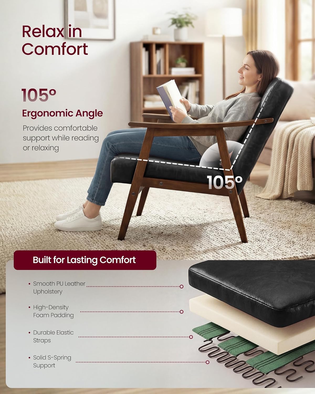 vasagle accent chair, pu leather armchair, button tufted, side view