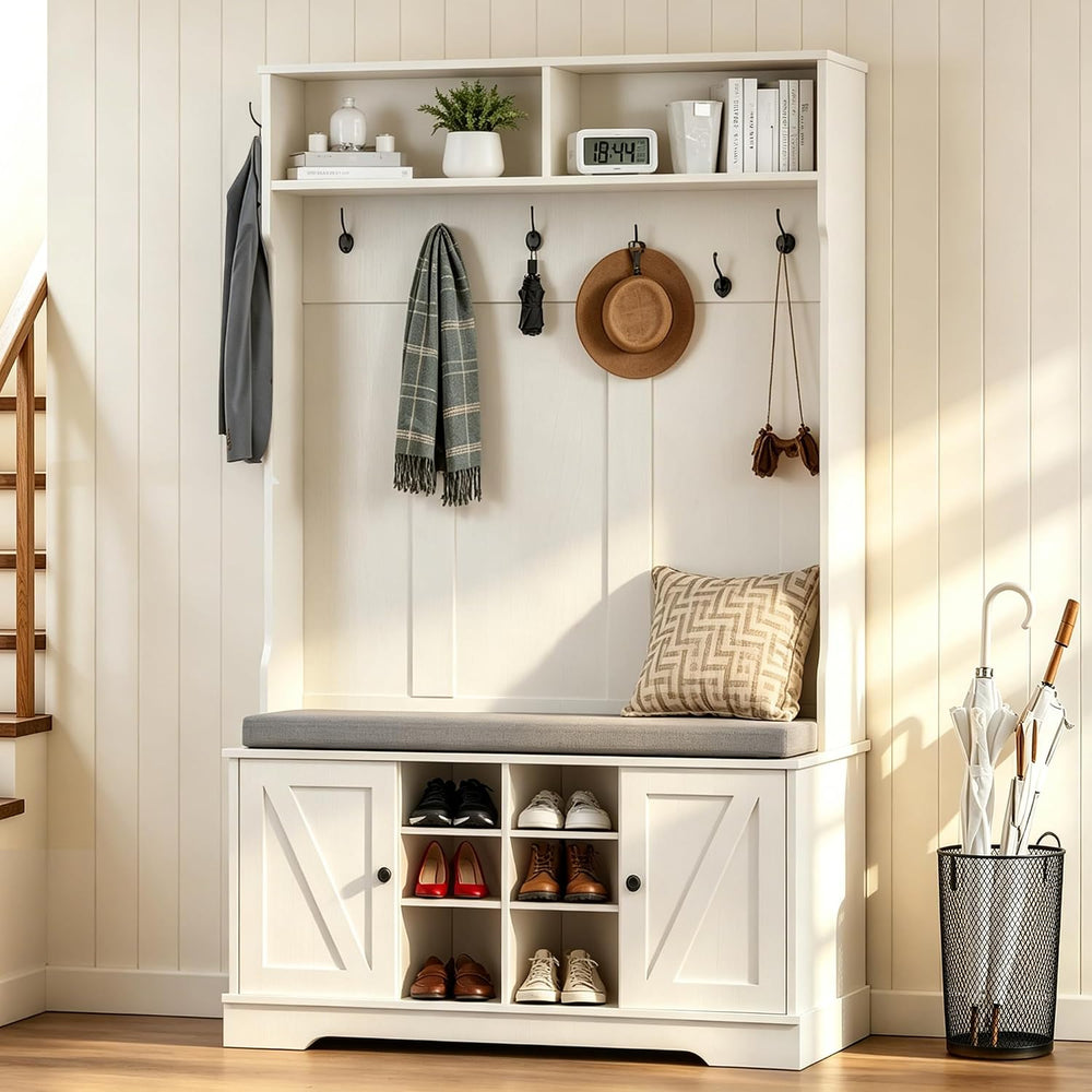 71“ Hall Tree with Bench and Shoe Storage, Coat Rack and 2 Doors