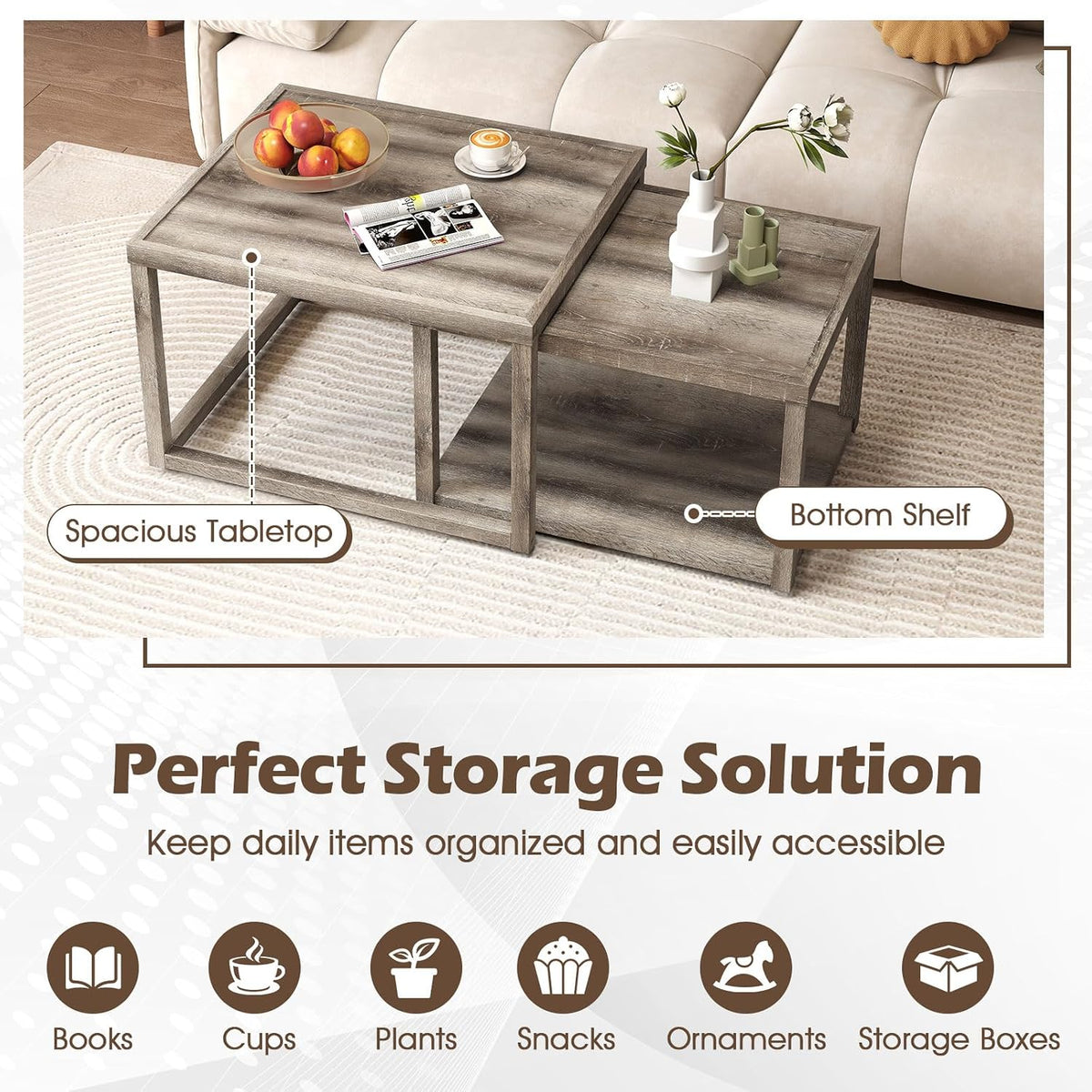 GOFLAME Nesting Coffee Tables Set of 2, Stackable Rectangular Center Table with Storage Shelf, Solid Rubber Wood Frame, Farmhouse Accent Tea Table for Living Room, Small Space, Gray Oak