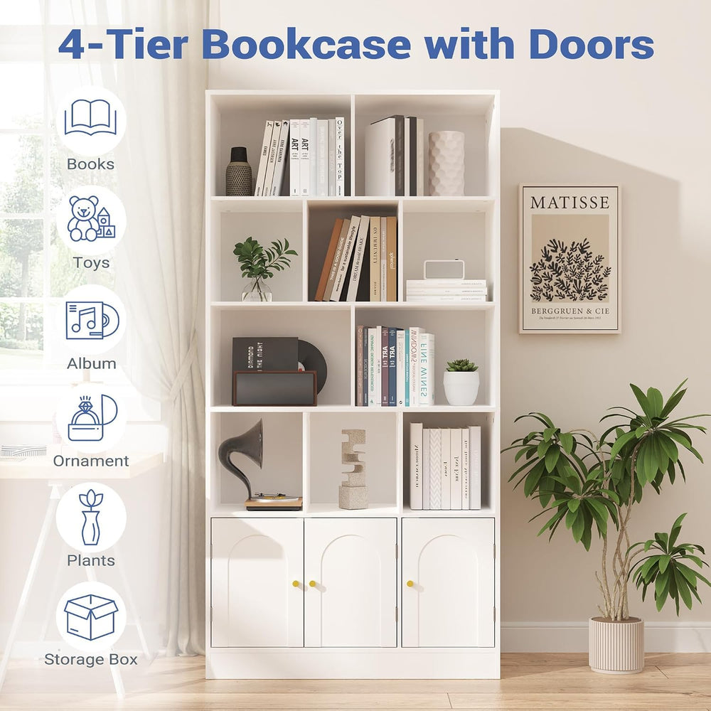 Housoul 71" Tall Bookshelf, Bookcase with 10 Cubes and 3 Doors, White