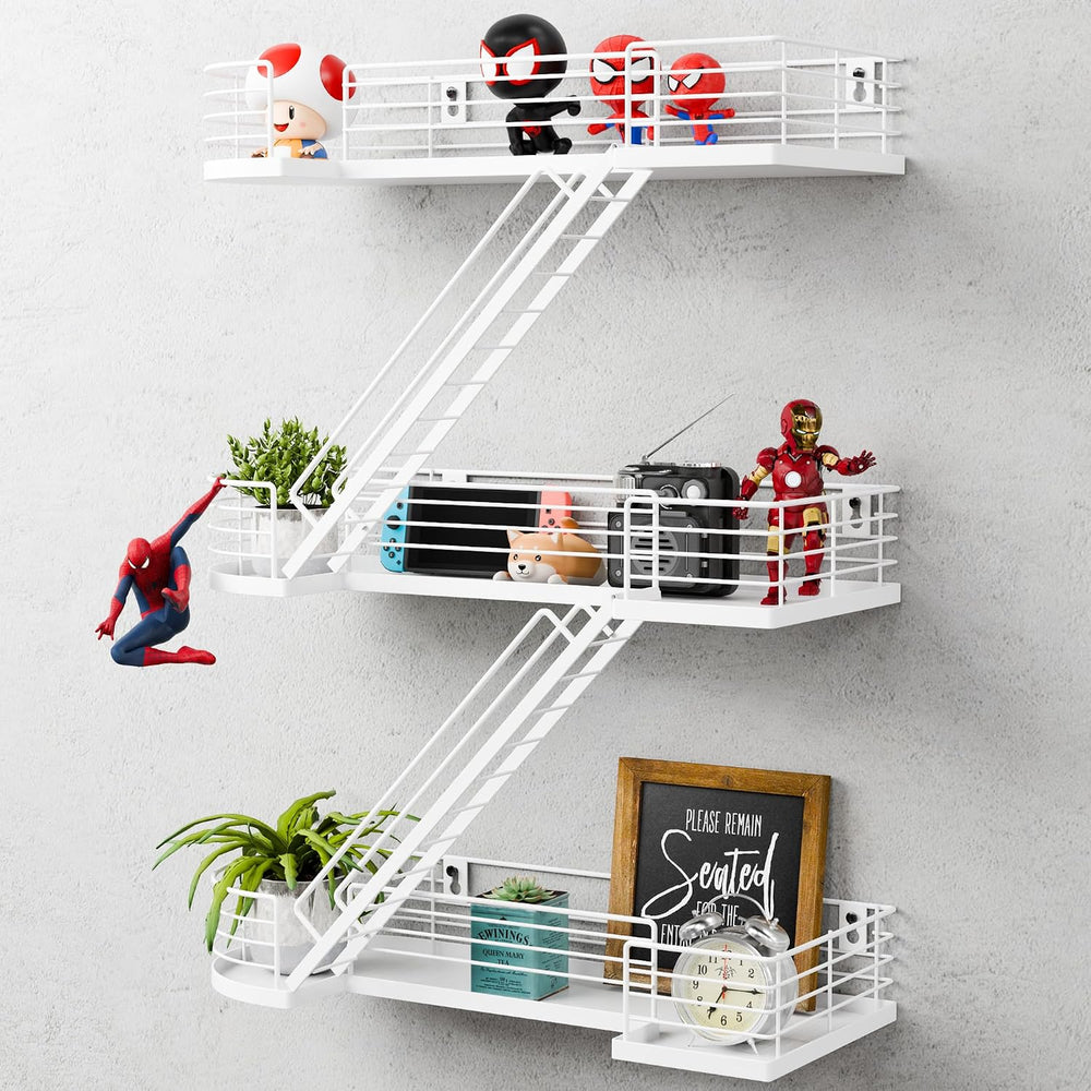 15 Inch Fire Escape Wall Shelf - White Metal Decorative Shelves, Eye-Catching...