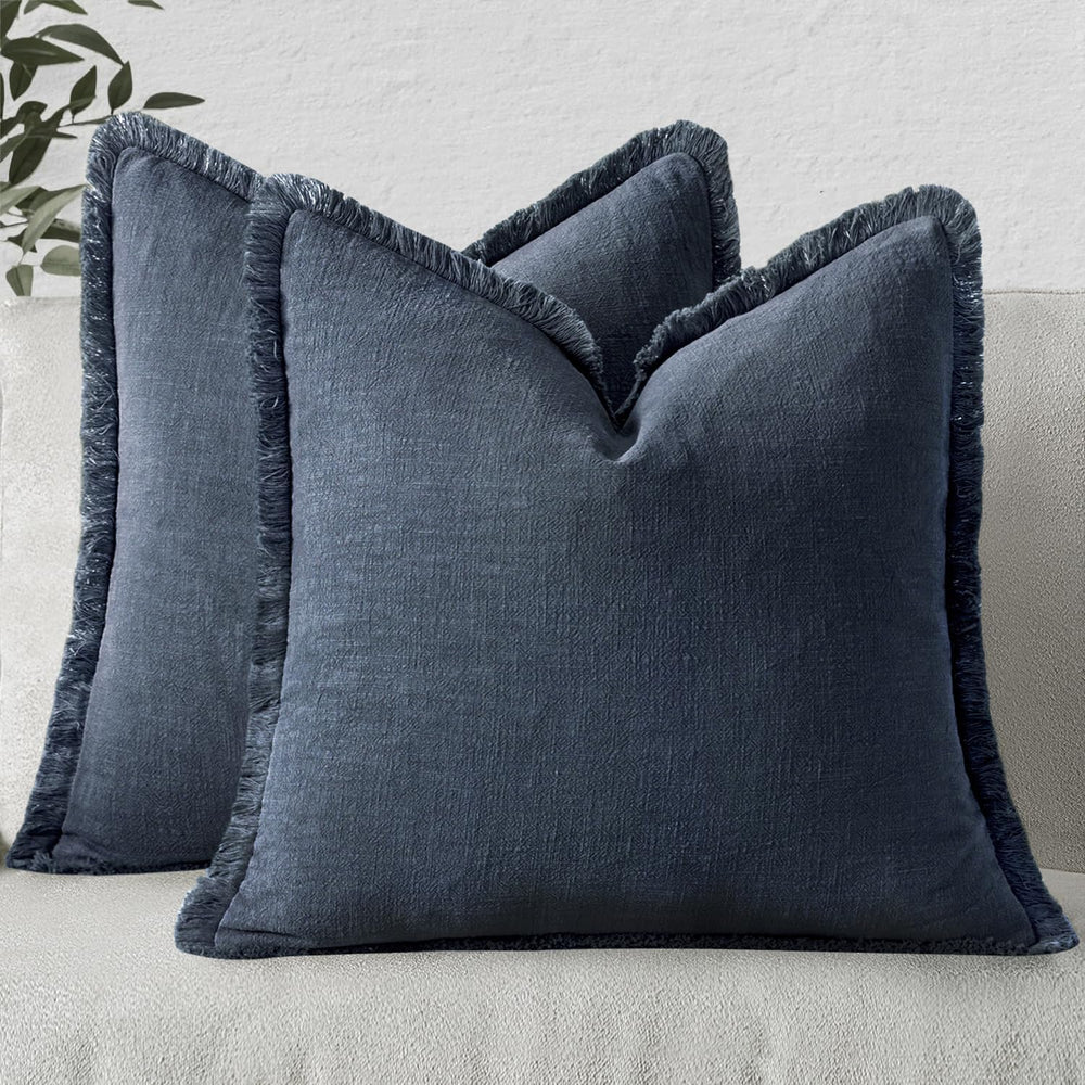 MIULEE Boho Linen Fringe Decorative Throw Pillow Covers Indigo Blue 20x20