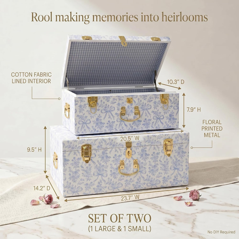 Rool Floral Decorative Storage Trunk Set of 2, Blue Metal Keepsake Trunks