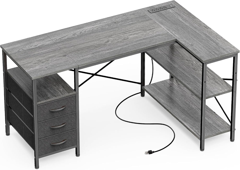 Huuger L Shaped Office Desk with Power Outlets & 3 Drawers