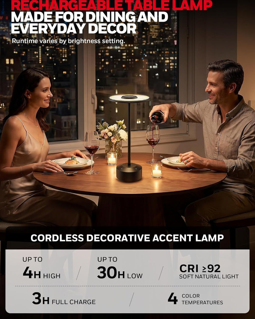 Honeywell Rechargeable Table Lamp, 5000mAh Cordless Dimmable Accent Light