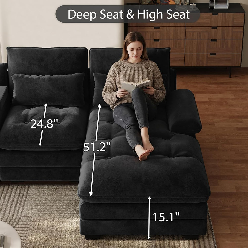 134" U-Shaped Sectional Couches for Living Room with Storage, Black