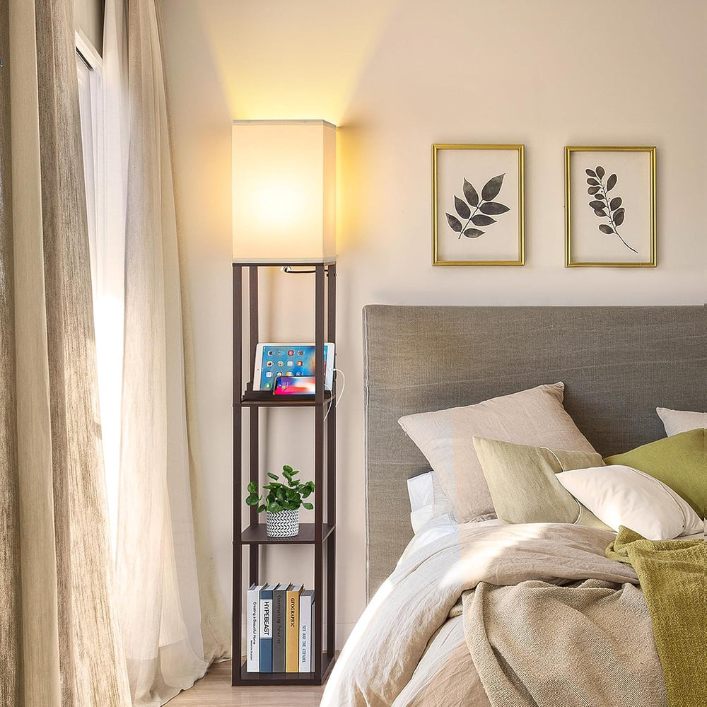 FOLKSMATE Floor Lamp with Shelves Touch Control Charging USB Type C Brown