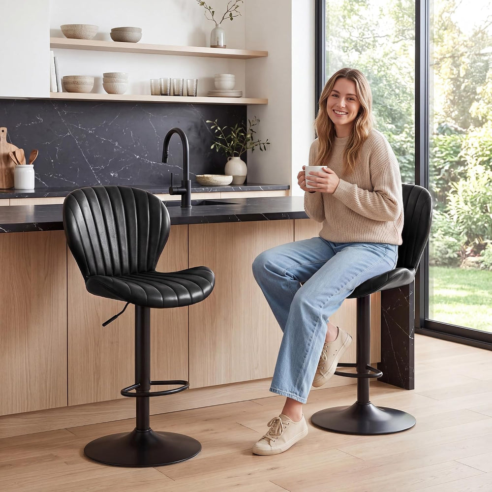 LIVELYGLOW Swivel Bar Stools Set of 2, PU Leather Chairs for Kitchen Black