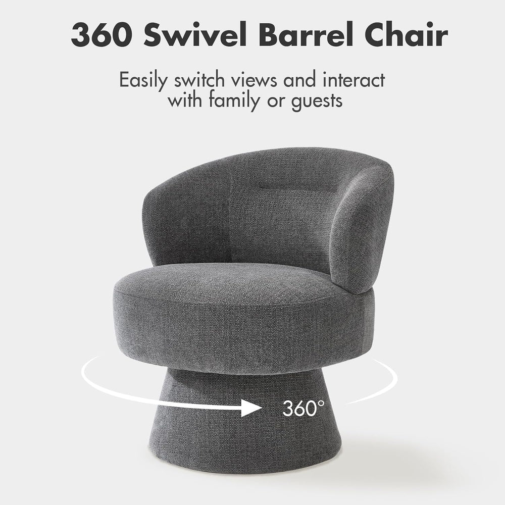 360° Swivel Accent Chair, Gray Chenille Barrel Armchair with Curved Back and ...