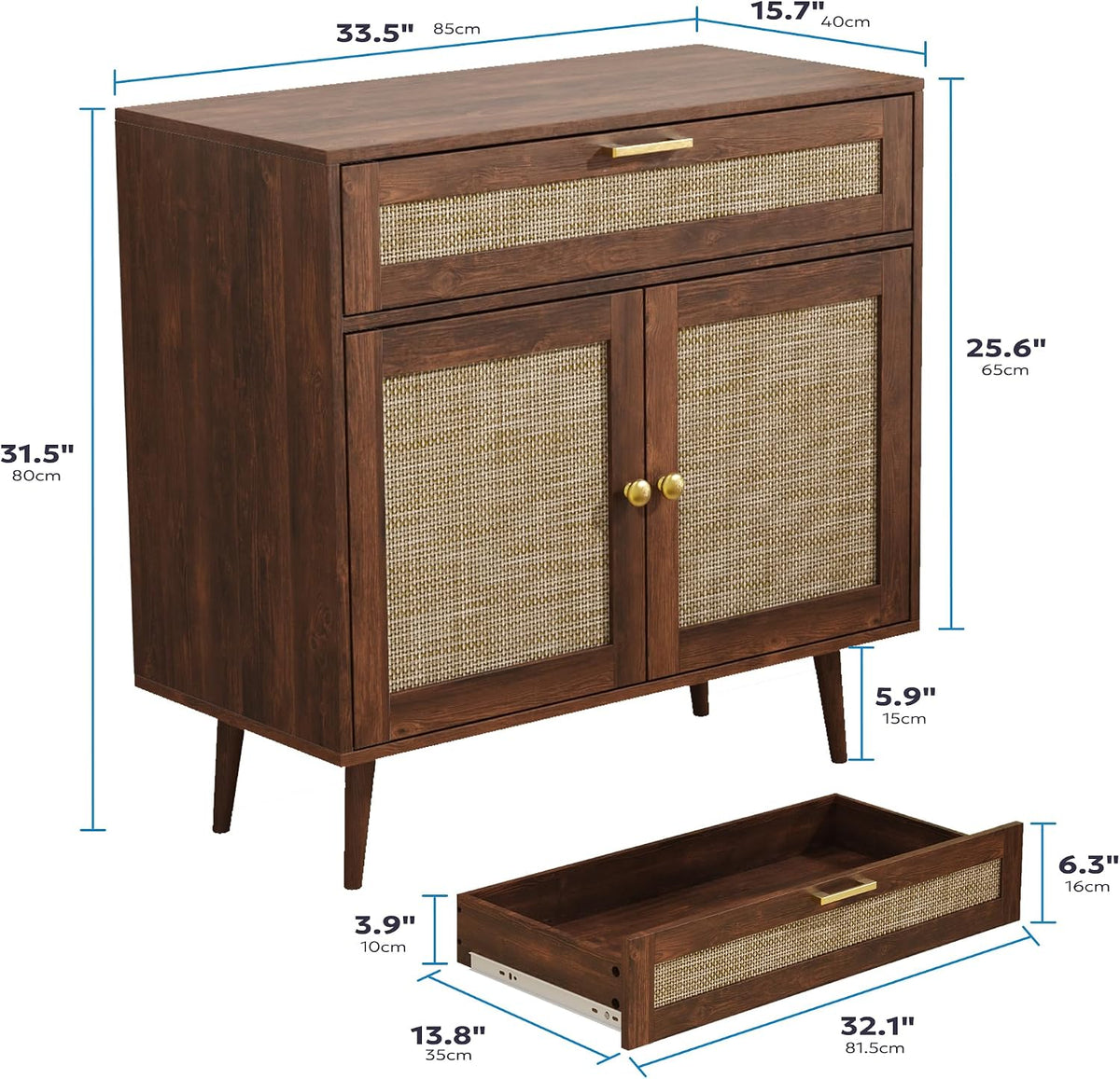 Furnify Rattan Sideboard Buffet, Boho Kitchen Cabinet with Drawer & 2 Doors, Modern Mid Century Accent Cabinet with Adjustable Shelf, Coffee Bar for Living Room, Entryway, Kitchen, Walnut