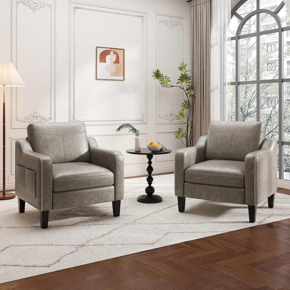 MALOL PU Leather Accent Chair with Solid Wood Frame, Grey