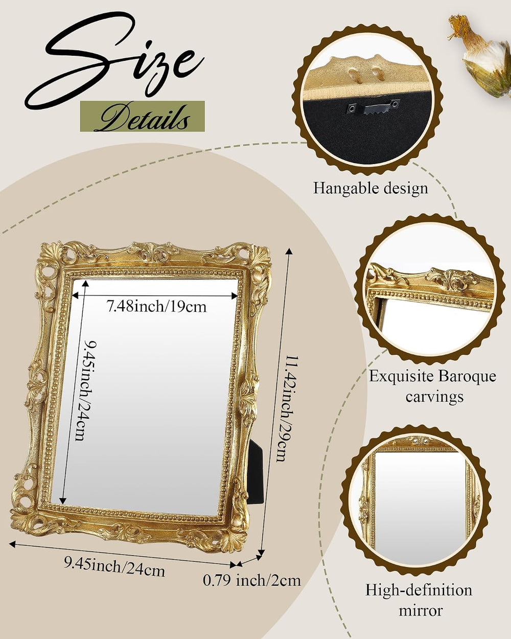 Wonderjune 3 Pcs Vintage Gold Wall Mirror Set, Retro Mixed Style