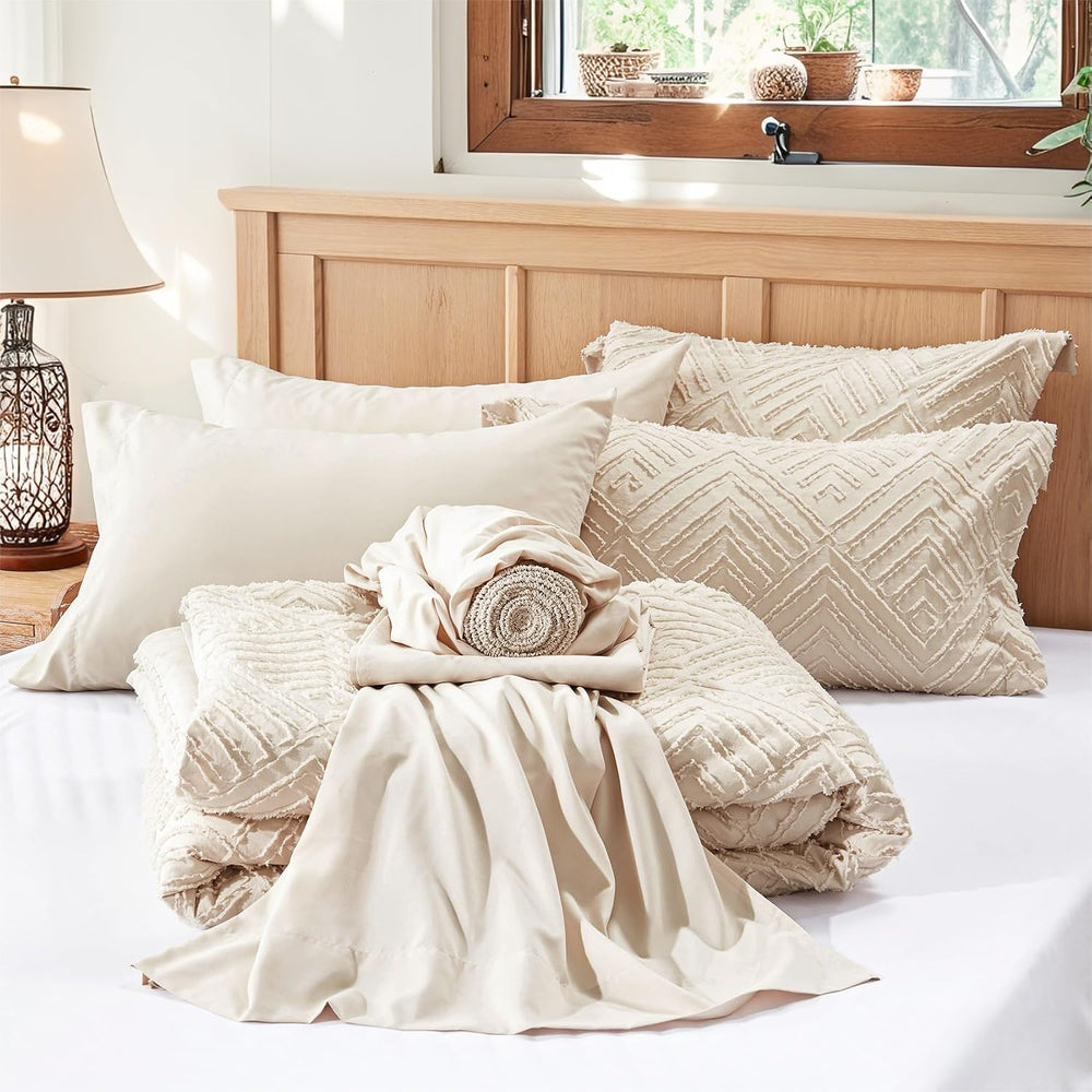 Zzlpp Queen Comforter Set 7 Piece, Beige Bed in a Bag Queen Bedding Sets
