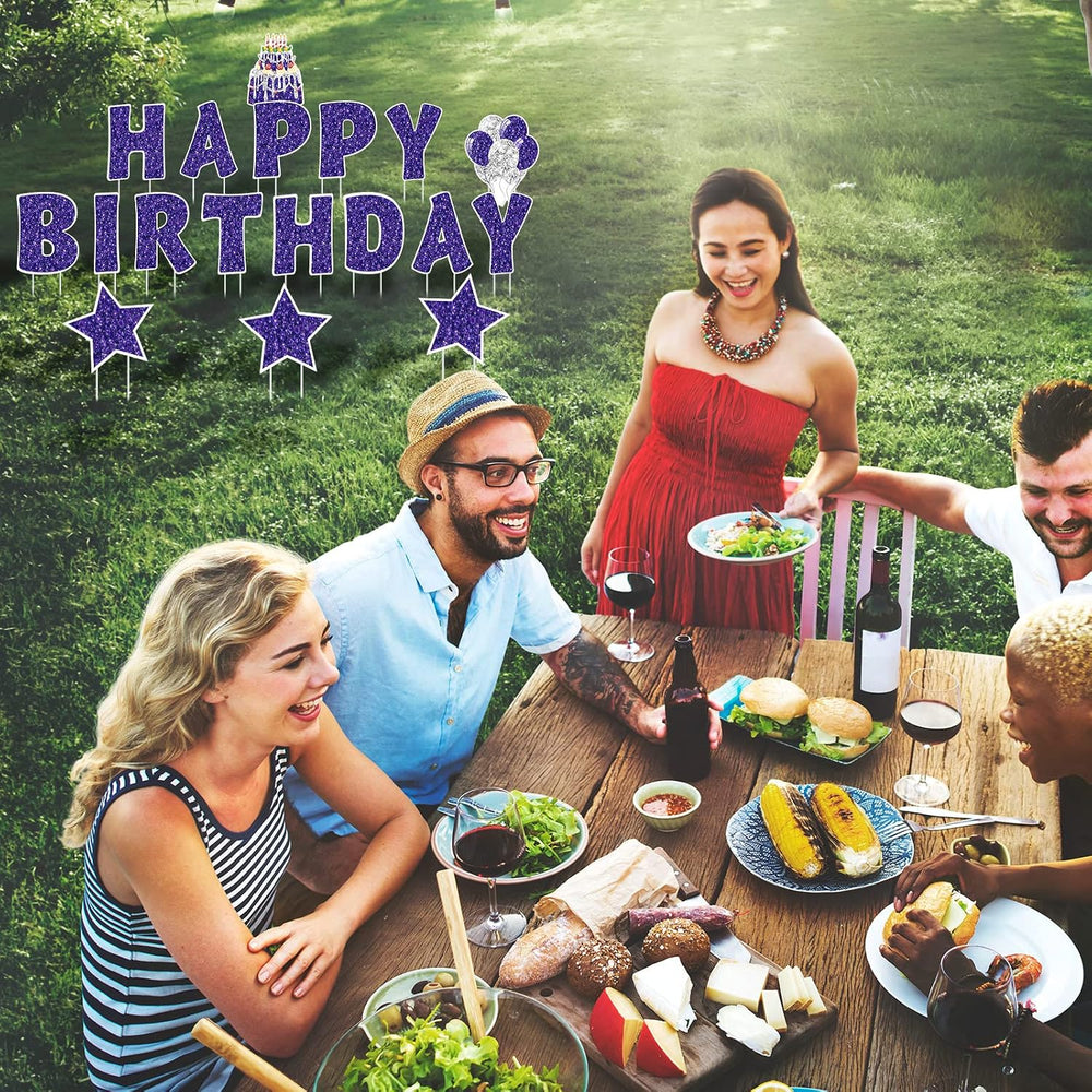 Jetec 18 Pcs Happy Birthday Yard Sign with Stakes and Light, Purple