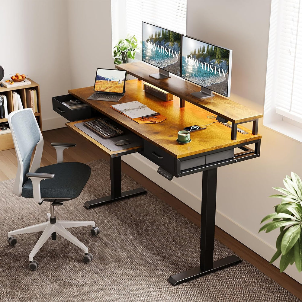 AODK 55 Inch Standing Desk with Drawers & Keyboard Tray, Rustic Brown
