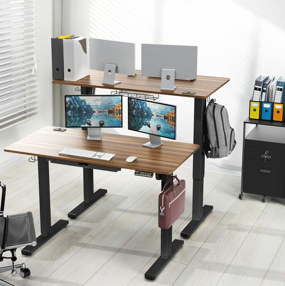SHW 48-Inch Electric Height Adjustable Standing Desk w/ Drawer, Walnut