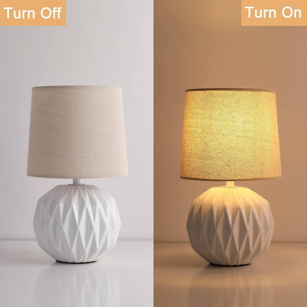 White Ceramic Table Lamp, Geometric Textured Small Bedside Lamp with Linen Sh...