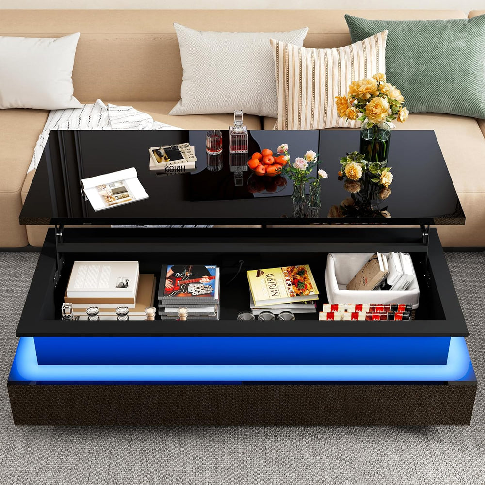 55" Large Lift Top Coffee Table, LED High Glossy Coffee Table Black