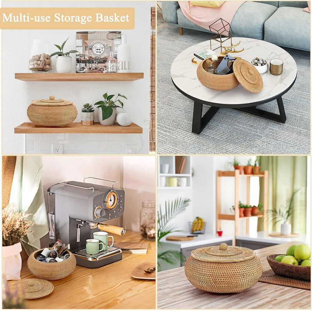 Hipiwe Round Rattan Boxes with Lid Natural Woven Picnic Storage Basket Bin